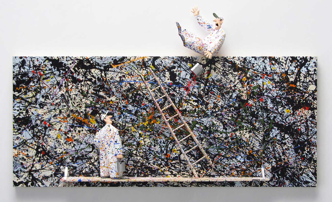 Paper mâché art by Stephen Hansen showing two small painters on a Jackson Pollock painting.