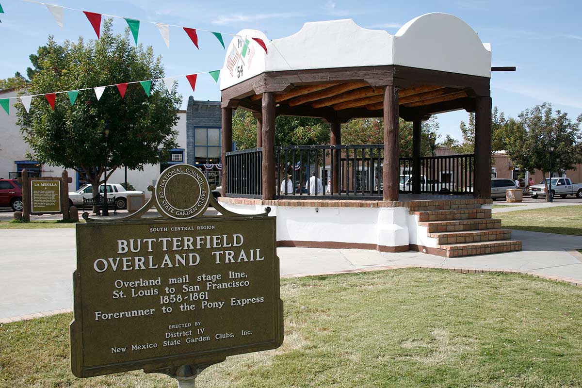 Old Mesilla Plaza bandstand with Butterfield Overland Trail sign.