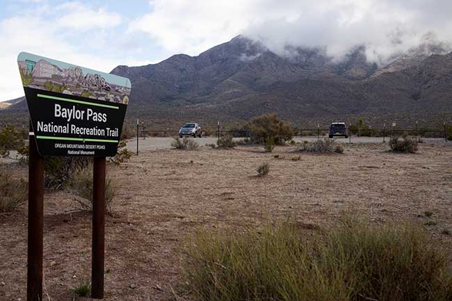 Trail sign for the Baylor Pass National Recreation Trail, where Civil War and Las Cruces history took place.