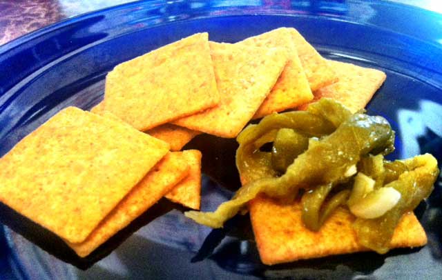 Green chile relish on a cracker