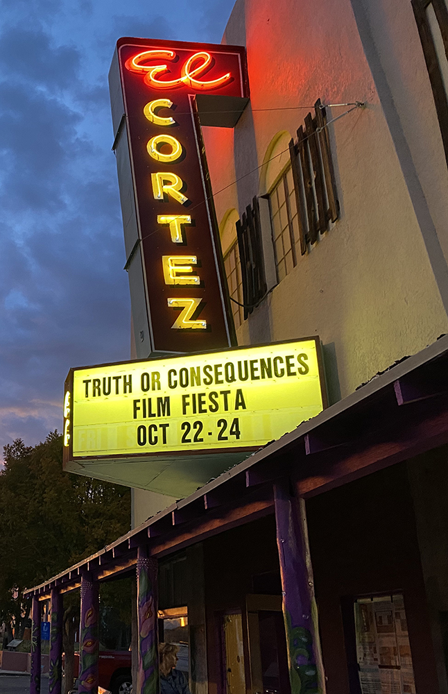 Glowing neon sign at the El Cortez Theater in Truth or Consequences, New Mexico.