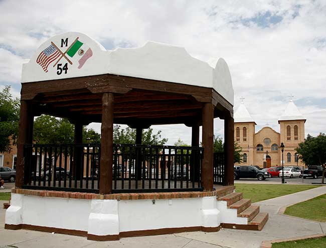 The bandstand on the Mesilla Plaza with the Basilica of San Albino in the background.