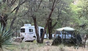 View of campsite at Sunny Flat with a camping trailer and screen tent.