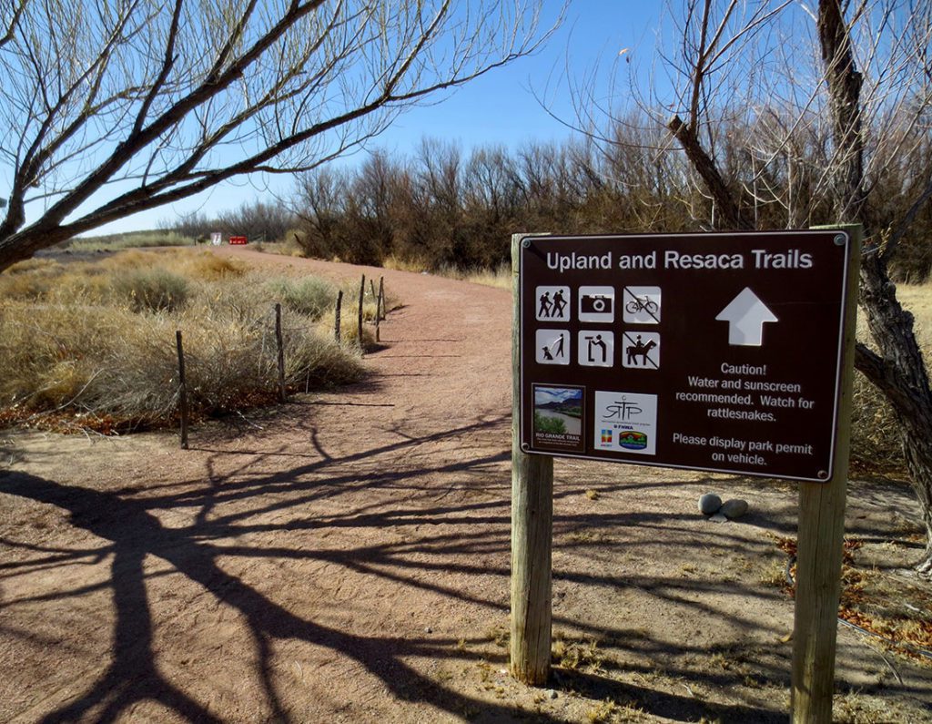 Trail sign at the beginning of two trails at Mesilla Valley Bosque State Park.