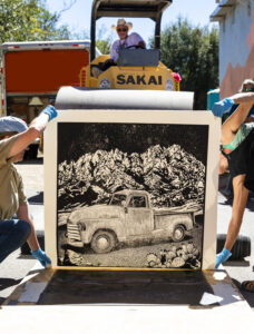 Steamroller printing at a popular Silver City event, the Southwest Print Fiesta.
